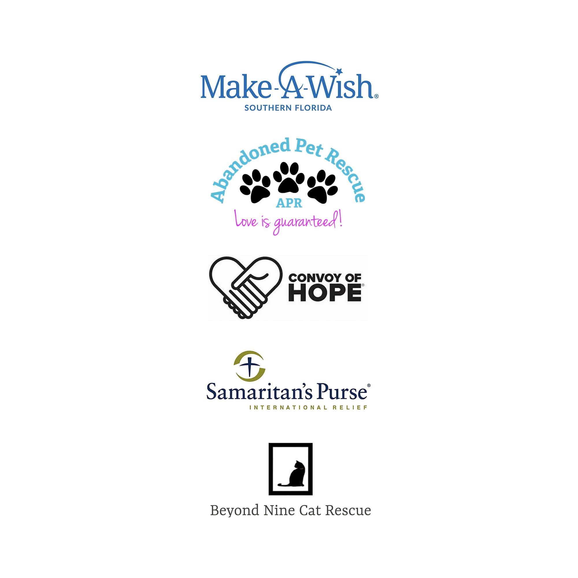 Giving partners published by Perkins, including Make-A-Wish Southern Florida and regional relief and animal-rescue organizations.