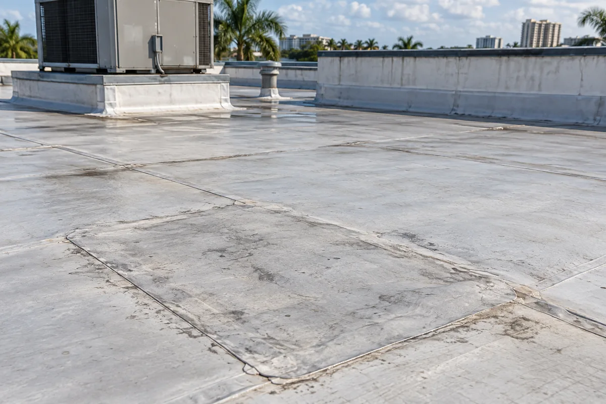 Weathered commercial roof seams and a previous membrane repair beside rooftop equipment.