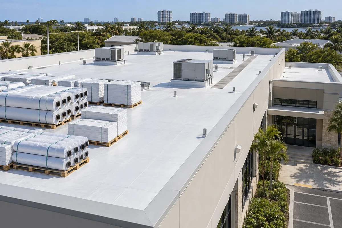 Organized roofing materials and clear equipment access above a commercial building entrance.