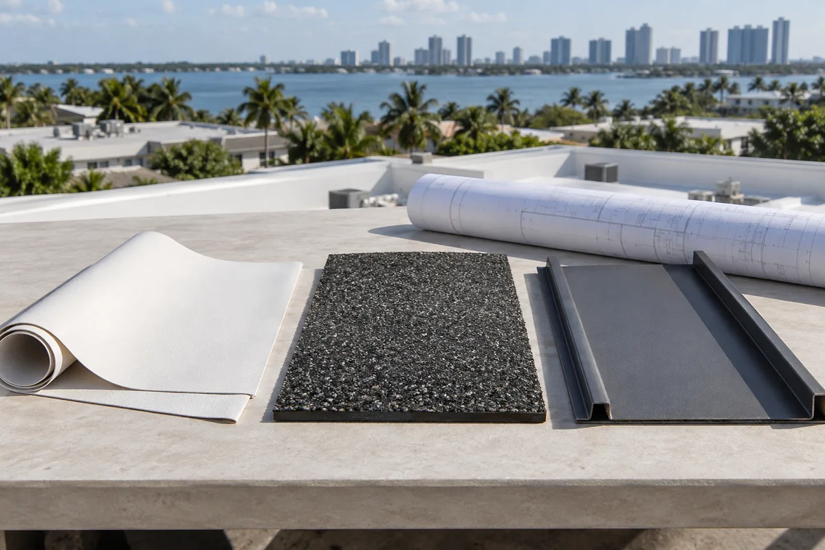 Separate white membrane, granulated modified-bitumen and standing-seam metal samples on a workbench.