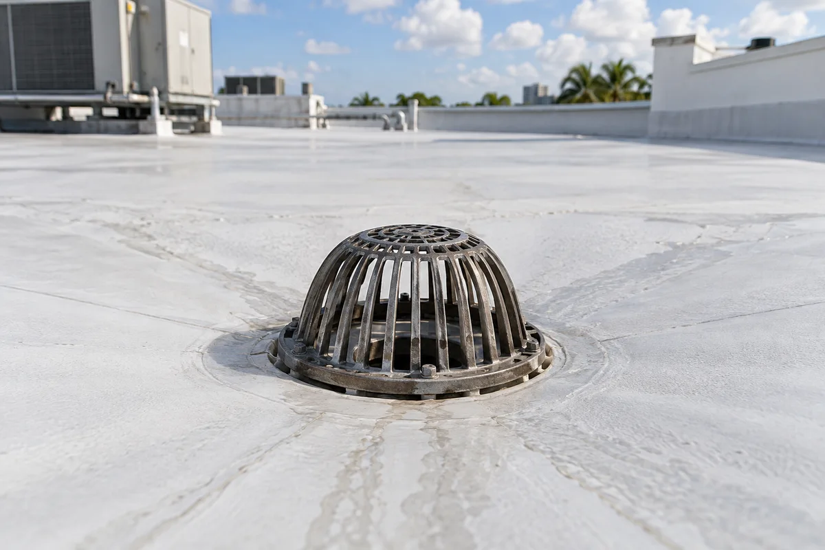 A domed roof-drain strainer at the low point of a commercial membrane roof.