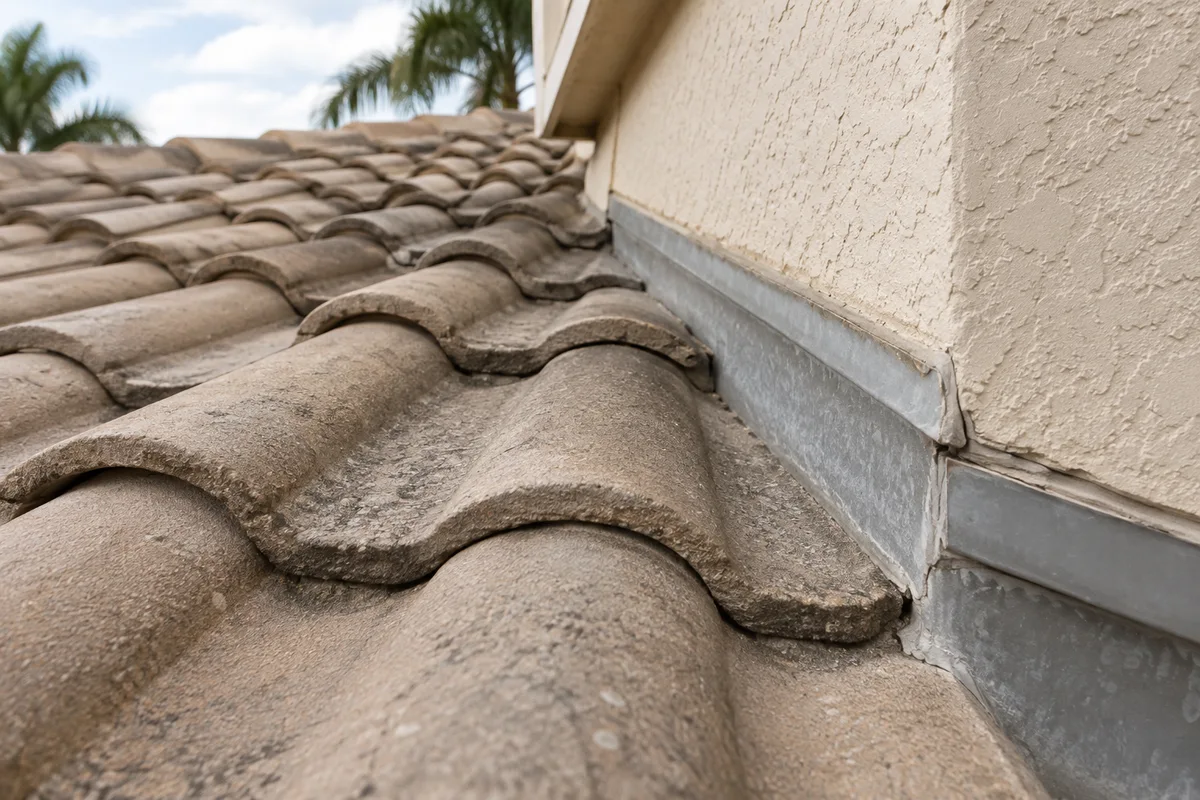 AI-generated example of weathered concrete roof tiles meeting metal flashing at a stucco wall.