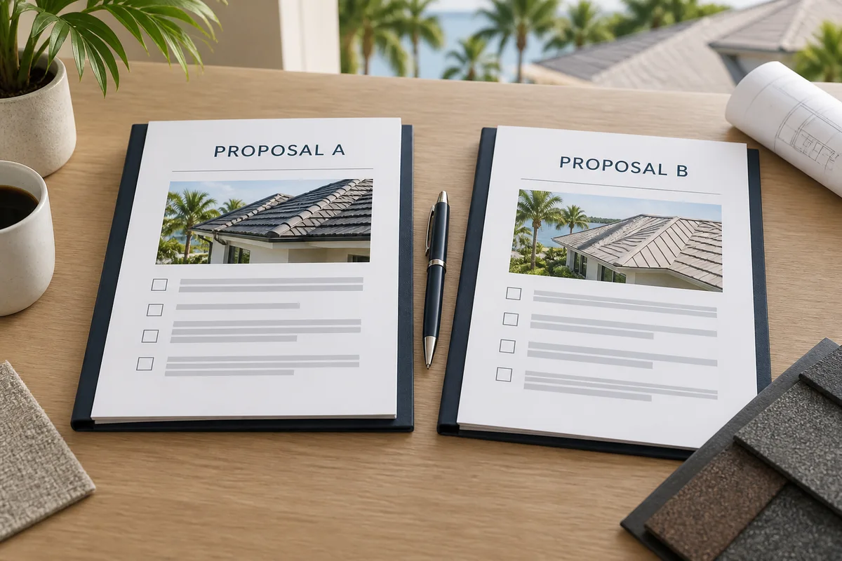 AI-generated example of two roofing proposals labeled Proposal A and Proposal B, arranged side by side.