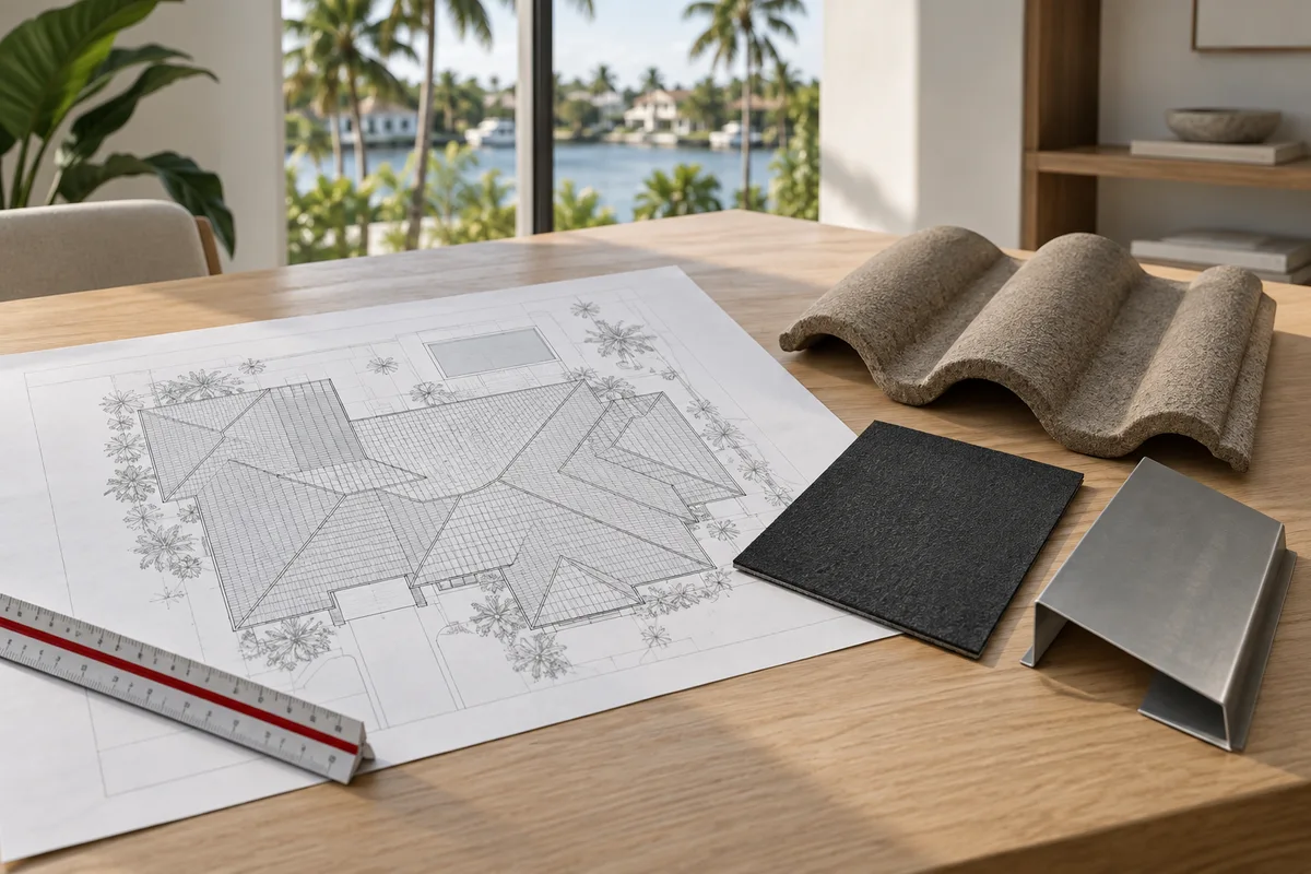 AI-generated example of a roof plan beside concrete tile, membrane and metal flashing samples.
