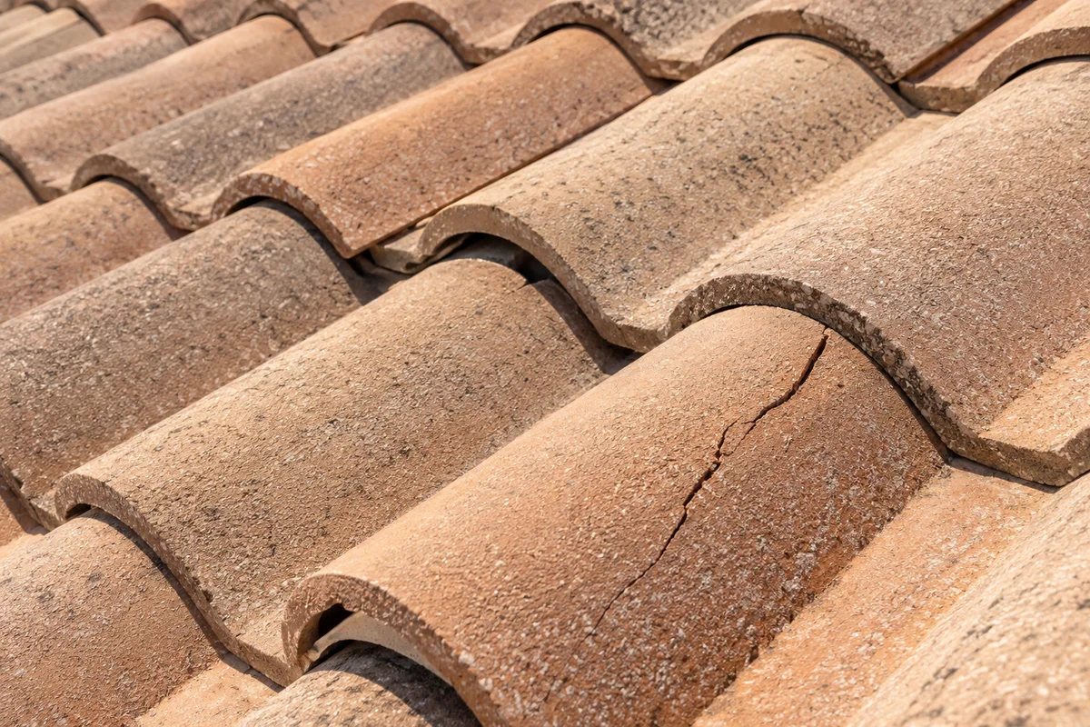 AI-generated example of overlapping concrete roof tiles, with a visible crack running through the foreground tile.