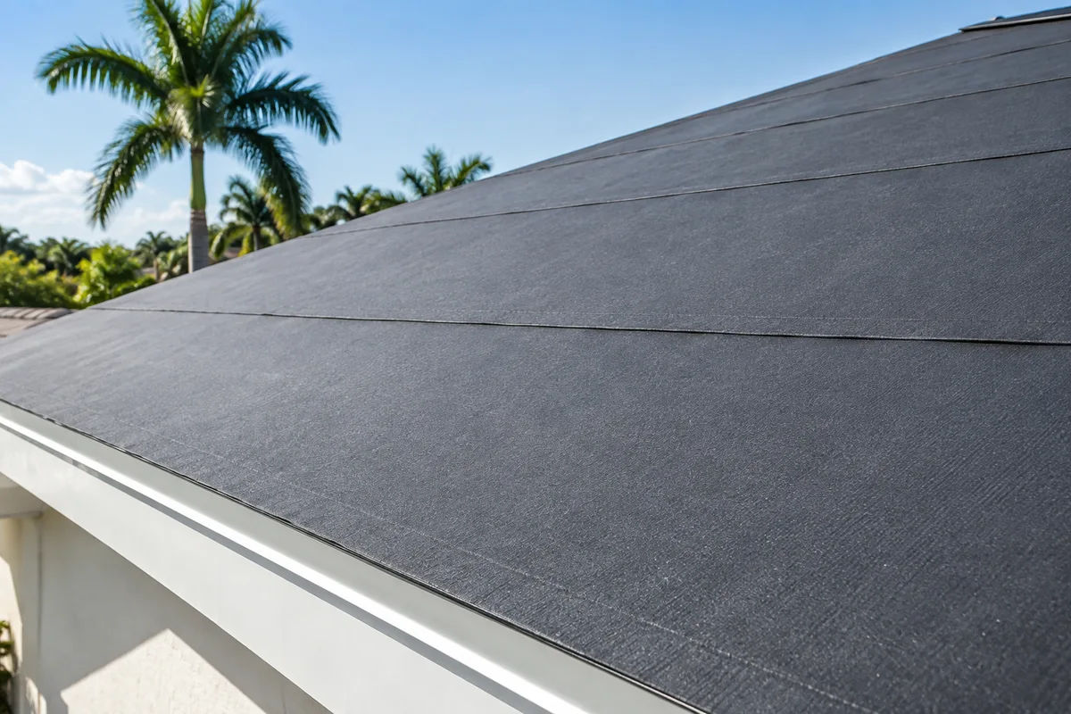 Illustration of overlapping dark roofing underlayment covering a sloping roof before shingles are installed.