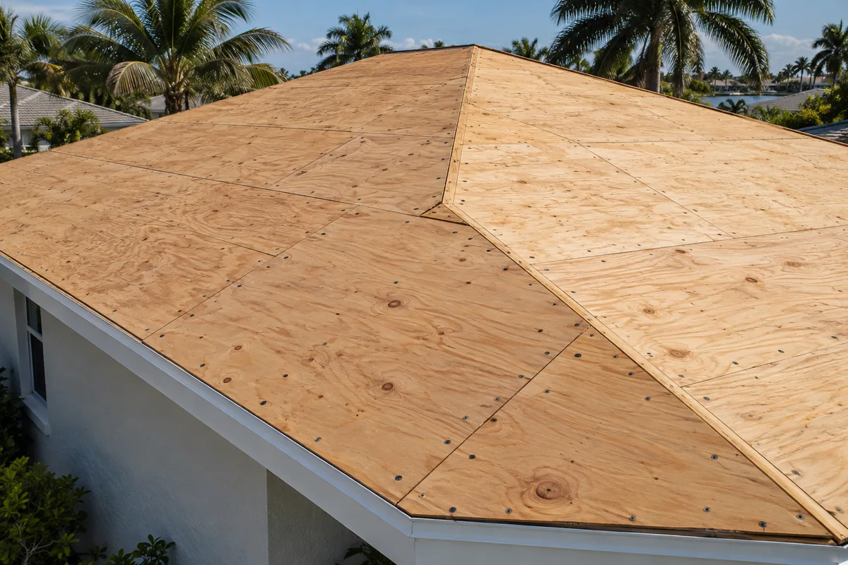 Illustration of exposed plywood roof decking with staggered panel joints before underlayment is installed.