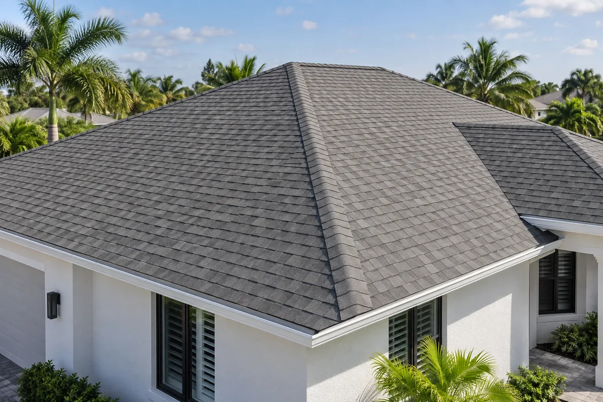 Illustration of a completed gray architectural-shingle hip roof with capped hips and ridge above white fascia.