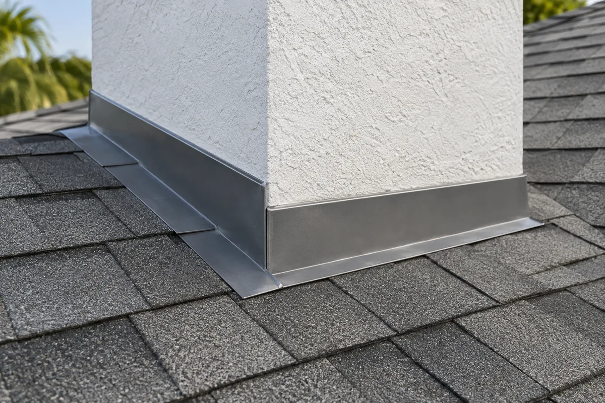 Illustration of metal flashing at the junction of a gray shingle roof and a white stucco chimney.