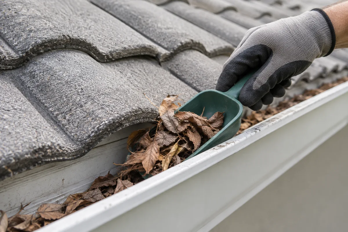 AI-generated example of a gloved hand removing dry leaves from a rain gutter with a gutter scoop.