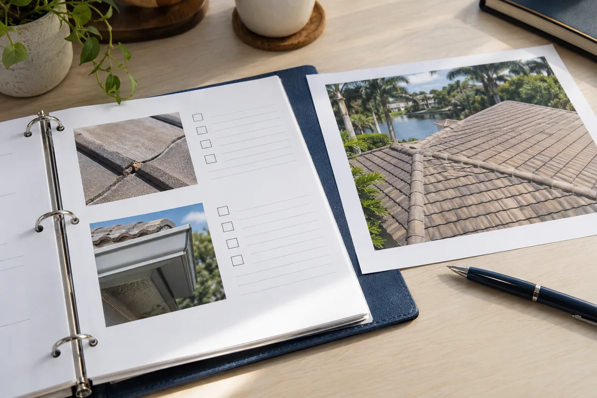 AI-generated example of a maintenance binder with roof-detail photographs and observation sheets.