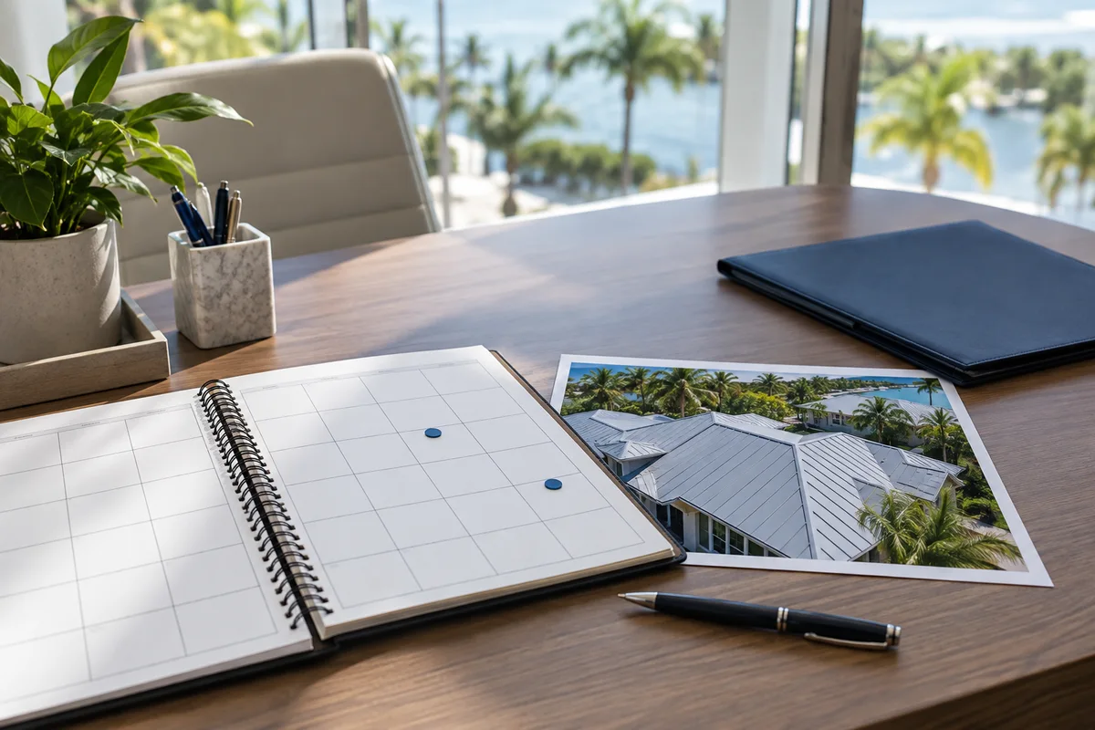 AI-generated example of a maintenance planner beside a roof photograph and property folder.