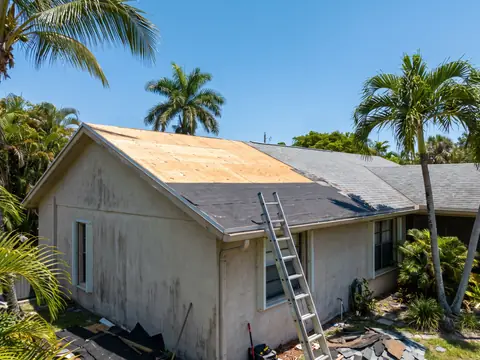 Part of a shingle roof stripped to plywood and underlayment, with a ladder at the eave