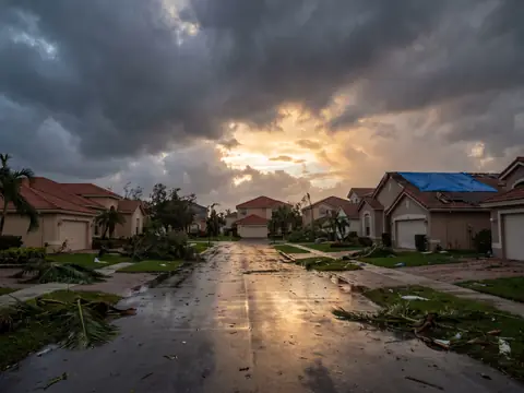 Storm clouds clearing over a wet street of tile-roofed homes, one roof under a blue tarp