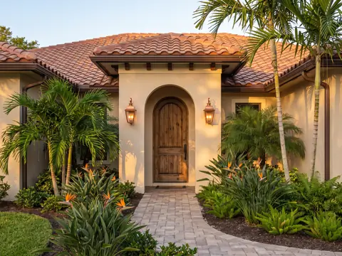 Arched front door and lanterns under a terracotta tile roof with tropical plants
