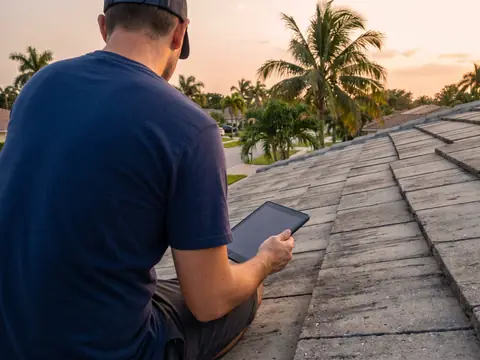 Inspector with a tablet looking over a concrete tile roof at sunset