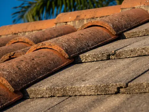 Close-up of clay barrel tiles beside flat concrete roof tiles in low sun