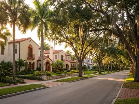 Mediterranean Revival homes with clay tile roofs under oaks in West Palm Beach