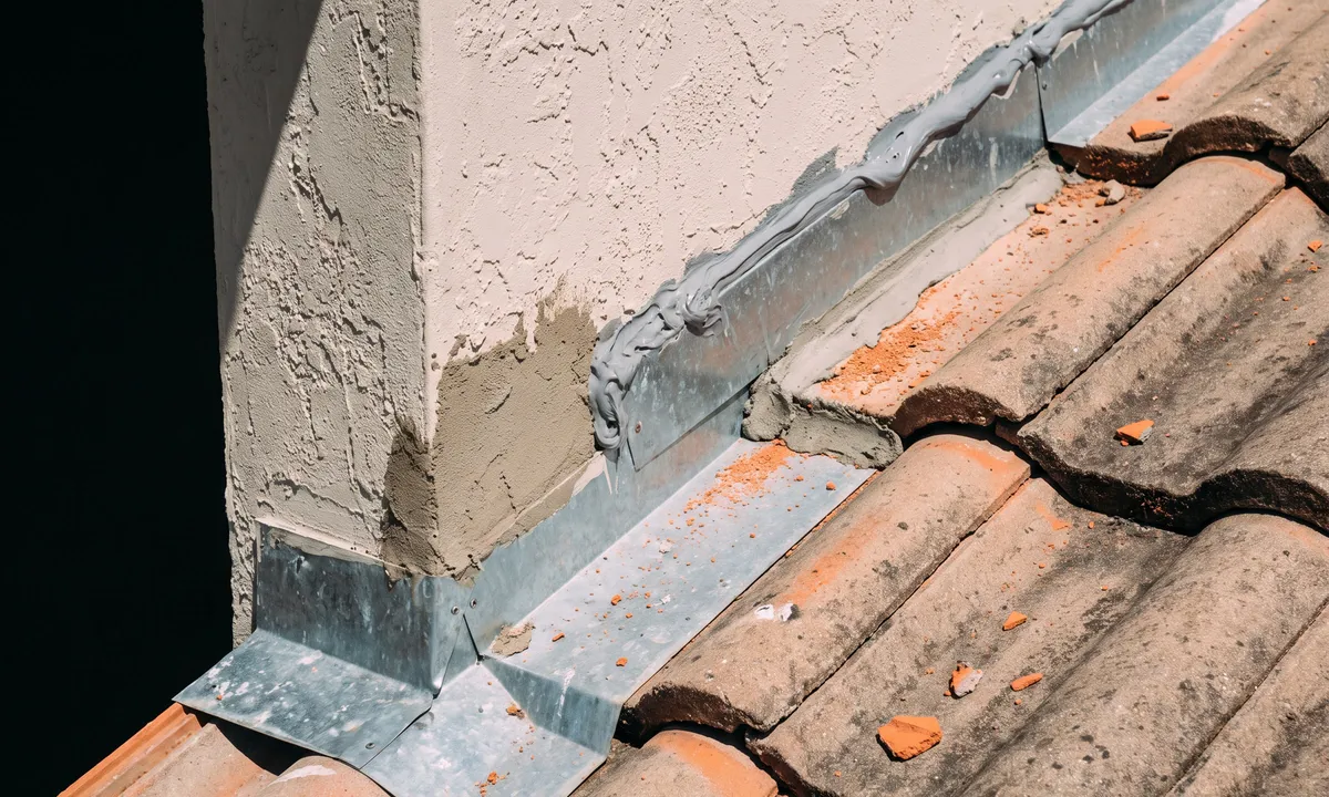 Galvanized step and counter-flashing where a barrel tile roof meets a stucco wall.