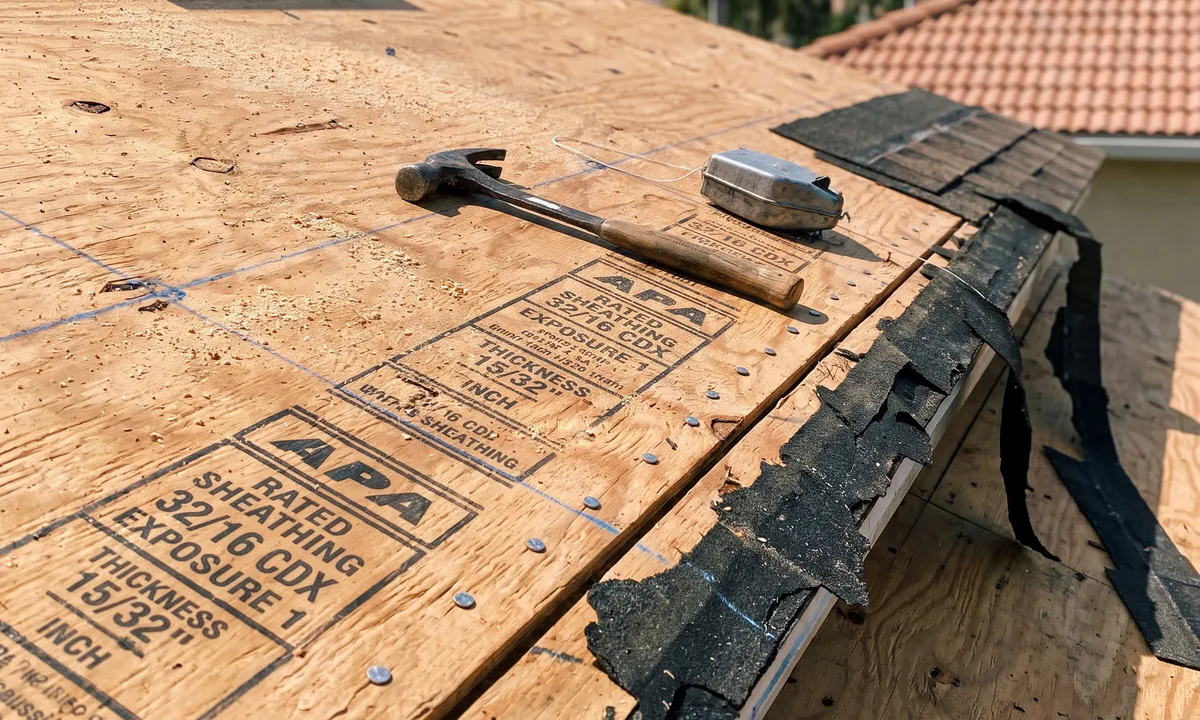 New plywood roof decking with chalk lines, nail rows and a hammer, old felt torn back at the edge.