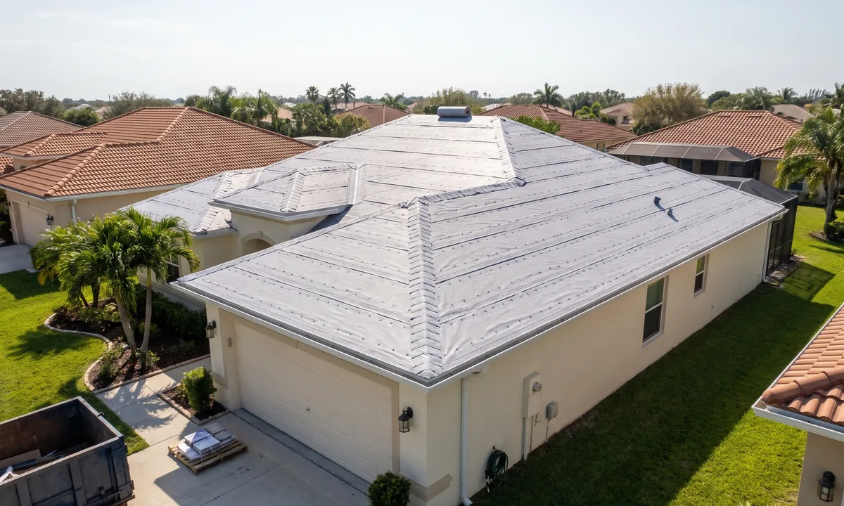An entire hip roof covered in gray synthetic underlayment with lapped courses and rows of cap nails, materials staged in the driveway.