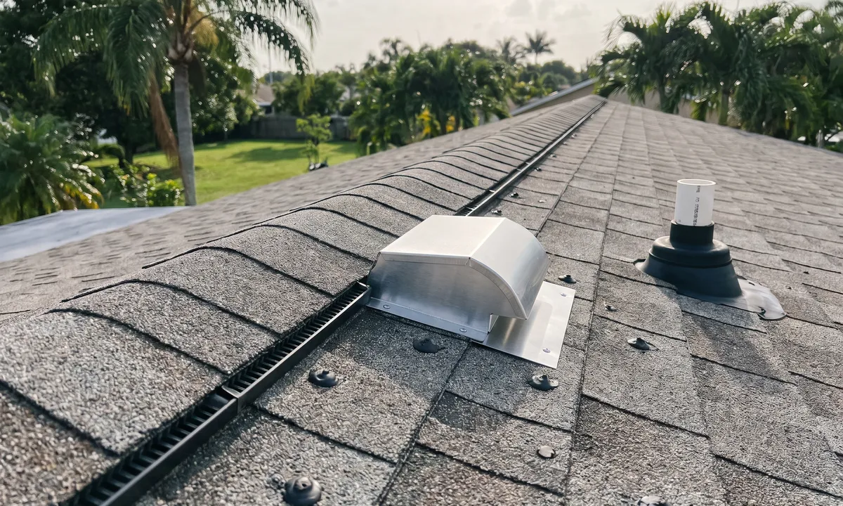 An off-ridge exhaust vent and a ridge vent along the peak of an architectural shingle roof.