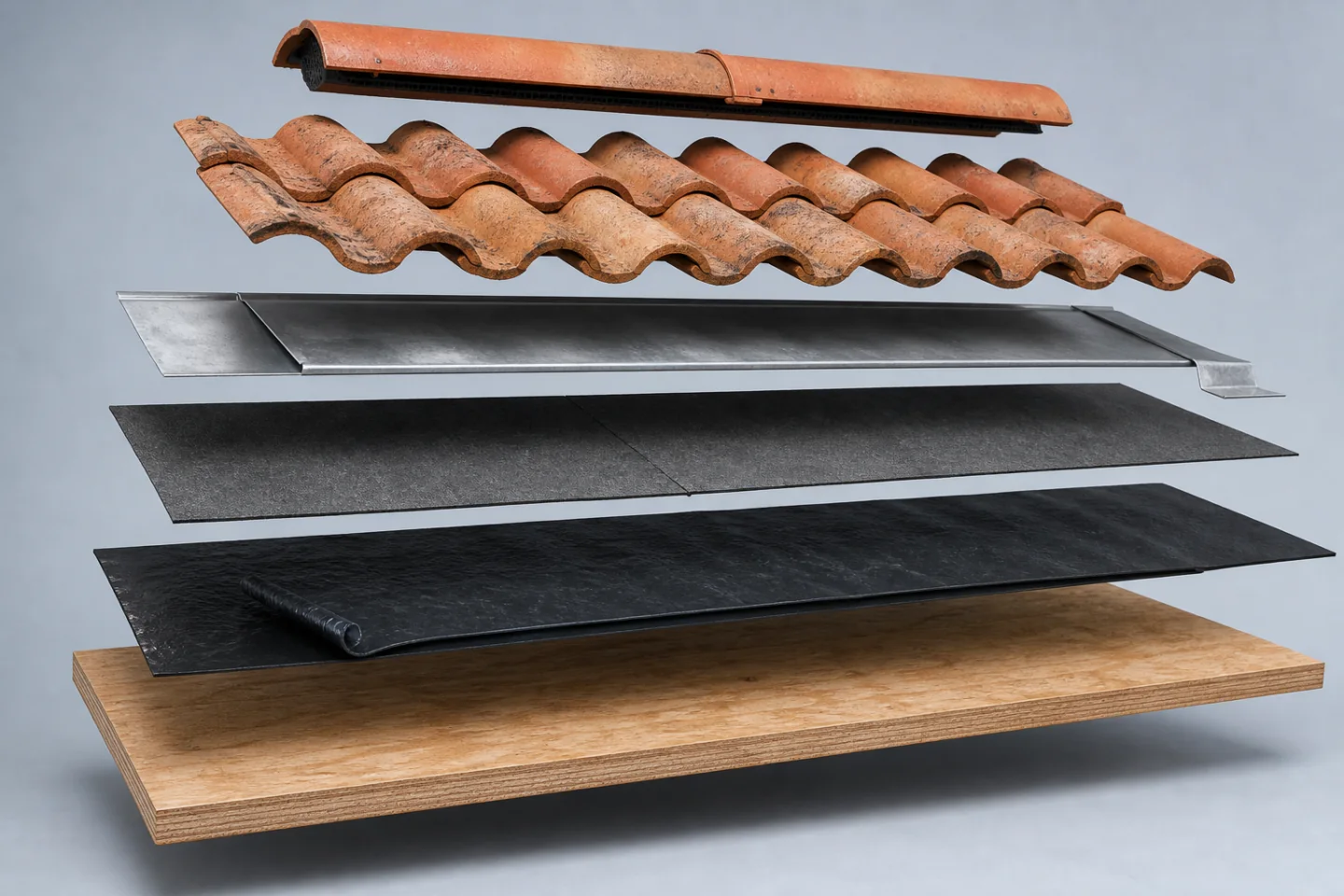 Exploded reference view of a tile roof assembly.