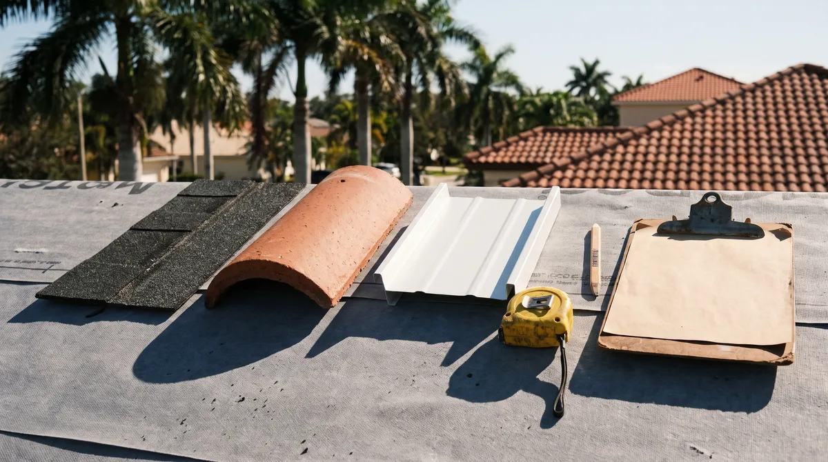 A shingle, a barrel tile and a standing-seam panel laid side by side on underlayment with a tape measure.