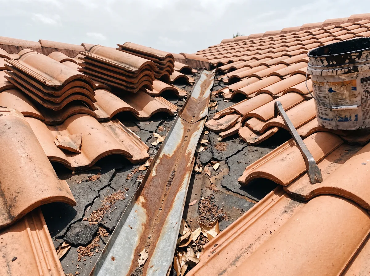 A tile roof valley opened for repair, with tiles stacked aside and brittle underlayment exposed.
