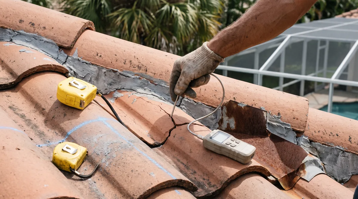 A gloved hand checking a cracked barrel tile at a roof-to-wall junction with a moisture meter.