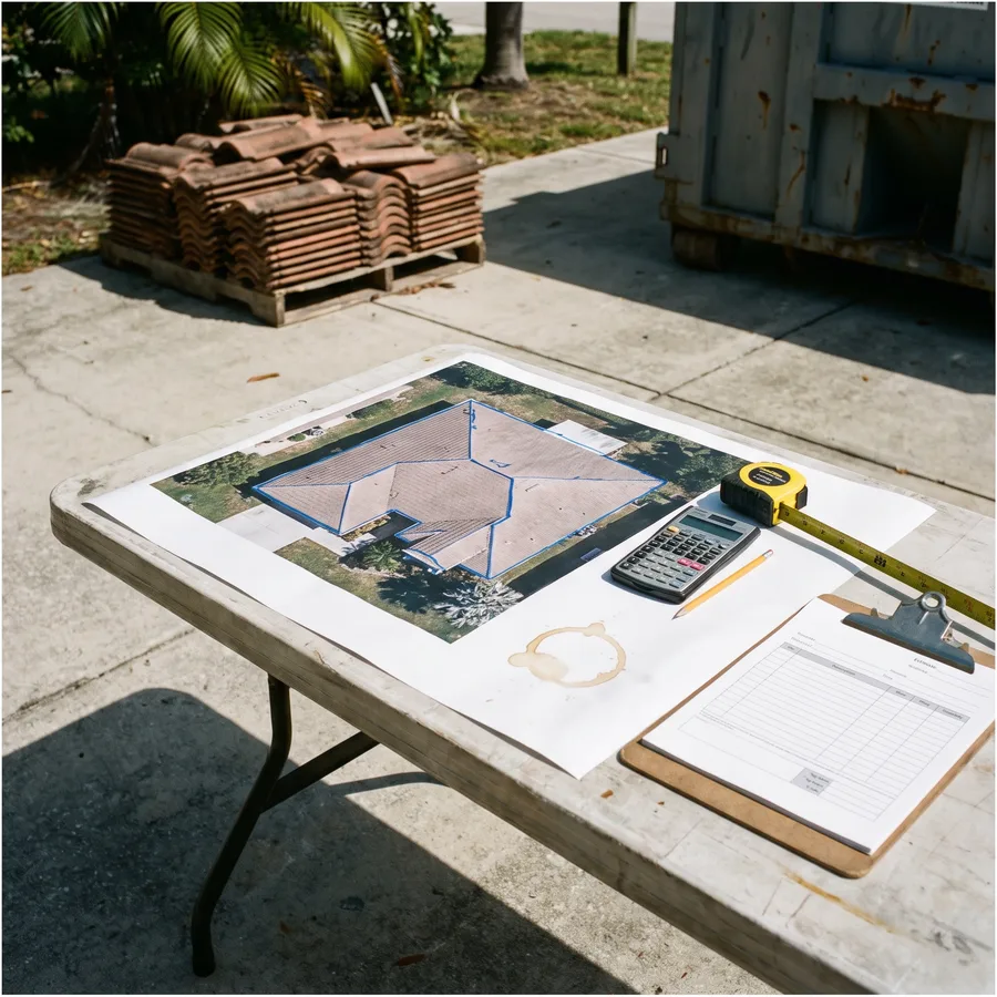 A printed aerial photo with the roof outlined in blue marker beside a tape measure, calculator and clipboard.
