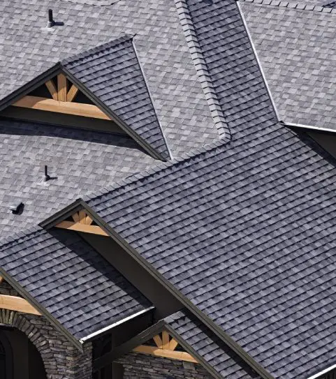 Intersecting gray shingle roof planes with valleys, dormers and timber gable details.