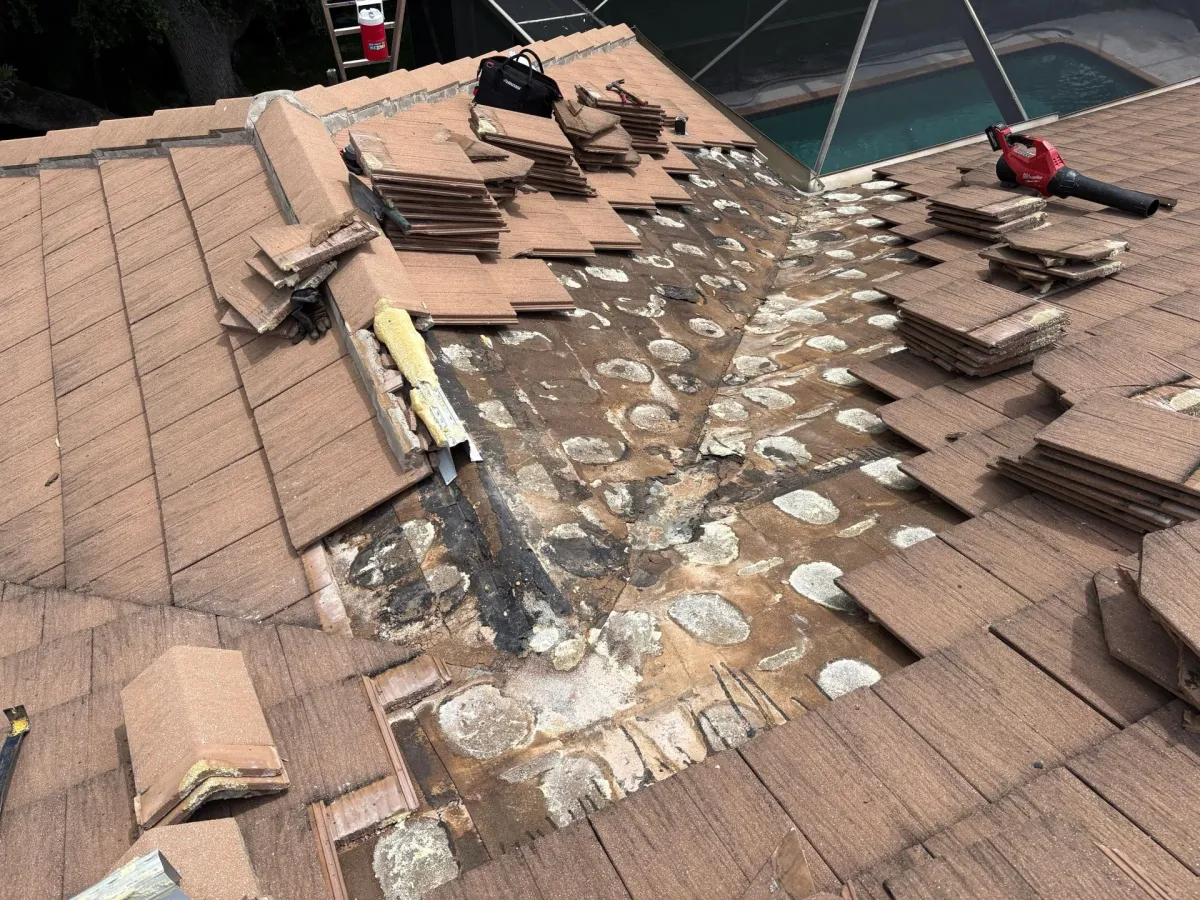 Roof-repair photograph published on Perkins Roofing’s residential-roofing service page.